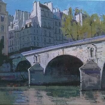 Painting titled "Pont Marie matin" by Régis Pettinari, Original Artwork, Oil Mounted on Wood Stretcher frame