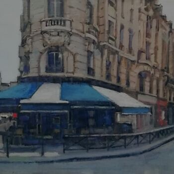 Painting titled "Café Gare de Lyon" by Régis Pettinari, Original Artwork, Oil Mounted on Wood Stretcher frame