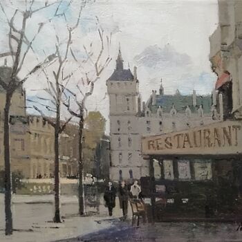 Painting titled "Place du Chatelet" by Régis Pettinari, Original Artwork, Oil Mounted on Wood Stretcher frame