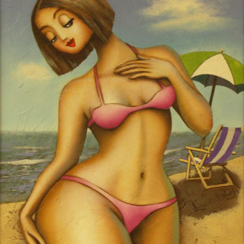 Schilderij getiteld "Woman on the beach" door Reijo Malkki, Origineel Kunstwerk, Olie