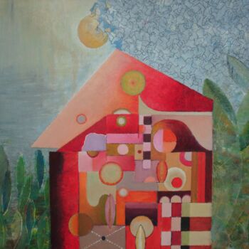Schilderij getiteld "red heart X - house…" door Reiner Makarowski, Origineel Kunstwerk, Olie