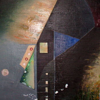 Malerei mit dem Titel "Mit blauem Dreieck" von Reiner Makarowski, Original-Kunstwerk, Öl