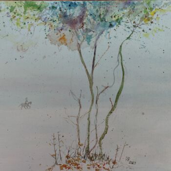 Malerei mit dem Titel "Baumgruppe mit Reit…" von Reiner Poser, Original-Kunstwerk, Aquarell