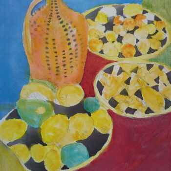 Painting titled "FRUITS AND bOTTLE" by Reiner Poser, Original Artwork, Watercolor