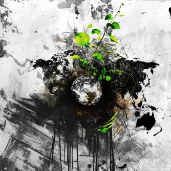 「World is suffering…」というタイトルのデジタルアーツ Reivartによって, オリジナルのアートワーク, デジタルコラージュ ウッドストレッチャーフレームにマウント