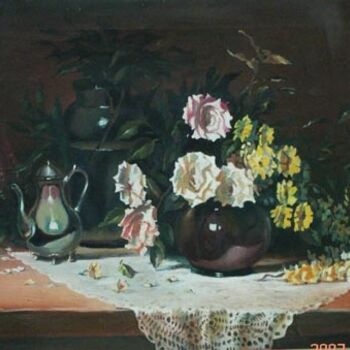 Painting titled "vase de roses" by Salim Remil, Original Artwork