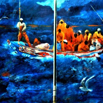 Painting titled "Los pescadores" by Reme, Original Artwork, Oil