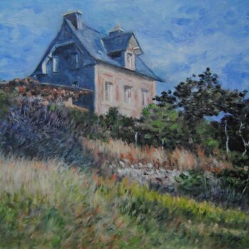 Painting titled "Maison à Étretat" by Rémi Acquin, Original Artwork, Oil Mounted on Wood Stretcher frame