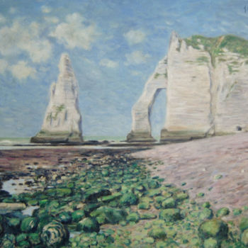 Painting titled "Etretat : l'Aiguill…" by Rémi Acquin, Original Artwork, Oil