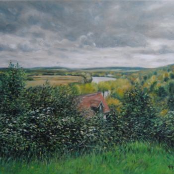 Painting titled "Paysage à Rolleboise" by Rémi Acquin, Original Artwork, Oil Mounted on Wood Stretcher frame