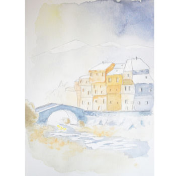 Malerei mit dem Titel "Toits et monts enne…" von Rémi Collin, Original-Kunstwerk, Aquarell