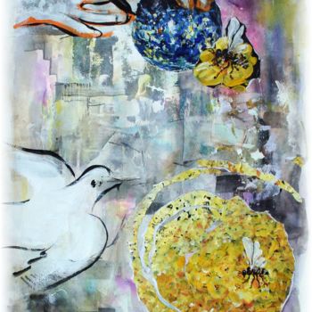Collages titled "planète fleur acryl…" by Rémy Nicolas Graphite, Original Artwork, Paper cutting