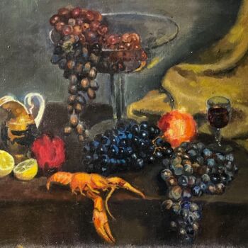 Картина под названием "Виноград, лимон и р…" - Remzi Kerimli, Подлинное произведение искусства, Масло