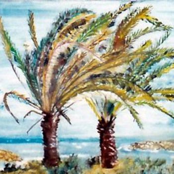 Painting titled "Palmen im Wind (Tun…" by Renate Kock, Original Artwork, Oil