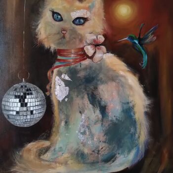 Painting titled "Fluffy moonlightcat…" by Renate Scheinhardt, Original Artwork, Acrylic Mounted on Wood Stretcher frame