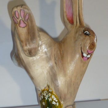 Sculpture intitulée "Lapin joyeux" par René Blanchet, Œuvre d'art originale, Bois