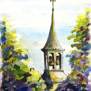 Drawing titled "Clocher de Saint-Va…" by René Blanchet, Original Artwork, Watercolor