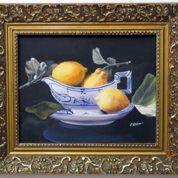 Peinture intitulée "nature morte citrons" par Renée Estebanez, Œuvre d'art originale, Huile