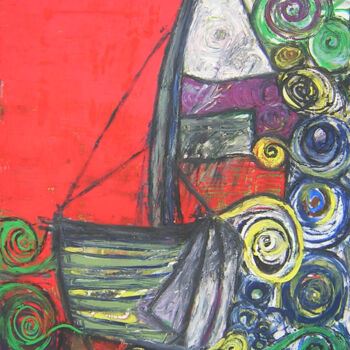 Peinture intitulée "Bote en cielo rojo…" par Renzo Campoverde, Œuvre d'art originale, Huile