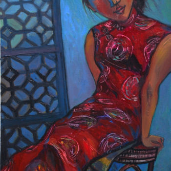 Painting titled "Lady in red" by Yulduskhon, Original Artwork, Oil