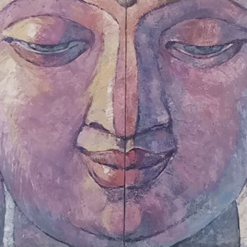 Painting titled "Morning Buddha" by Yulduskhon, Original Artwork, Oil Mounted on Wood Stretcher frame