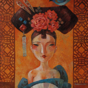 Painting titled "Queen of diamonds" by Yulduskhon, Original Artwork, Oil Mounted on Wood Stretcher frame