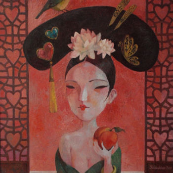Painting titled "Queen of hearts" by Yulduskhon, Original Artwork, Oil Mounted on Wood Stretcher frame