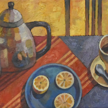 Painting titled "Teapot&Lemon" by Yulduskhon, Original Artwork, Oil Mounted on Wood Stretcher frame