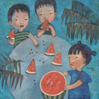 Painting titled "Watermelon arithmet…" by Yulduskhon, Original Artwork, Oil