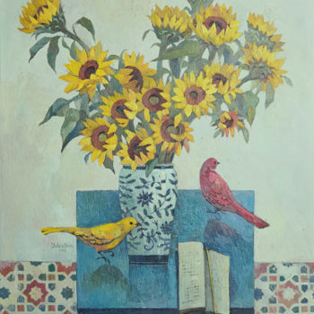Schilderij getiteld "Sunflowers&Notebook" door Yulduskhon, Origineel Kunstwerk, Olie Gemonteerd op Frame voor houten brancard