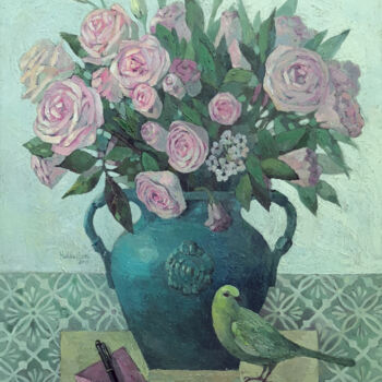 Картина под названием "Roses in a blue vase" - Yulduskhon, Подлинное произведение искусства, Масло Установлен на Деревянная…