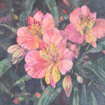 Painting titled "Pink Blooms" by Yulduskhon, Original Artwork, Oil Mounted on Wood Stretcher frame