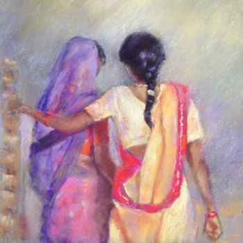 Dessin intitulée "Deux amies indiennes" par Résy, Œuvre d'art originale, Pastel