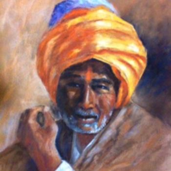 Drawing titled "Indien au turban ja…" by Résy, Original Artwork, Pastel