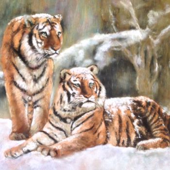 Drawing titled "Tigres dans la neige" by Résy, Original Artwork, Pastel