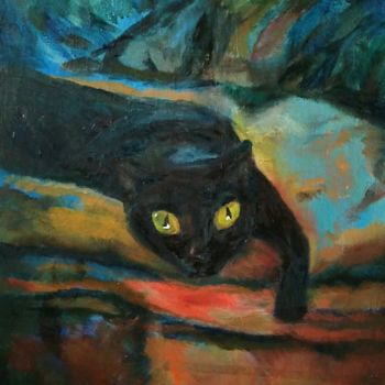 Painting titled "Черный кот" by Ivan Solomatin, Original Artwork, Oil