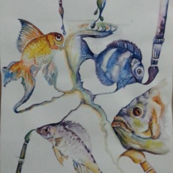 "Balıklar" başlıklı Tablo İShak Şafak tarafından, Orijinal sanat, Suluboya