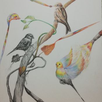 Картина под названием "Birds" - İShak Şafak, Подлинное произведение искусства, Древесный уголь