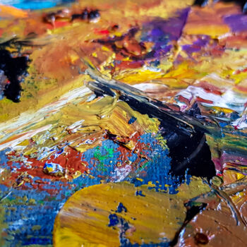 Dirty palette of the artist. Oil paints on a glass palette. Stock Photo
