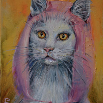 Malerei mit dem Titel "A cat in a pink cap." von Elena Reutova, Original-Kunstwerk, Öl Auf Keilrahmen aus Holz montiert