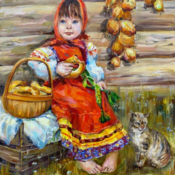 Malerei mit dem Titel "Russian girl with b…" von Elena Reutova, Original-Kunstwerk, Öl Auf Keilrahmen aus Holz montiert