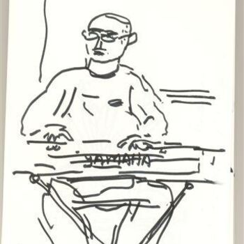 Drawing titled "itai making music" by Reuven Dattner, Original Artwork