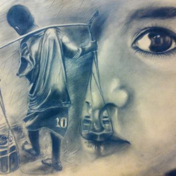 Рисунок под названием "Stealing Childhood" - Rey Guimba, Подлинное произведение искусства, Древесный уголь
