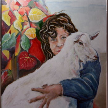 Ζωγραφική με τίτλο "girl-with-the-goat.…" από Gennadi Finkelstein (rfmetro), Αυθεντικά έργα τέχνης, Γκουάς