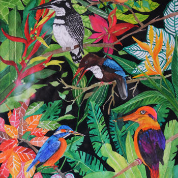 Schilderij getiteld "Kingfishers Paradise" door Rhuani Rambukwelle, Origineel Kunstwerk, Aquarel Gemonteerd op Andere stijve…