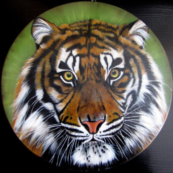 Painting titled "tijger op rond pane…" by Ria Strijker, Original Artwork, Oil