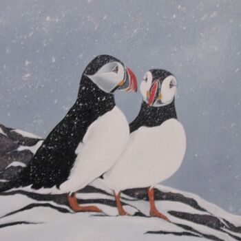 Painting titled ""Puffins"" by Ria Strijker, Original Artwork, Oil