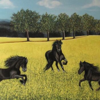 Pintura titulada "paarden in een kool…" por Ria Strijker, Obra de arte original, Oleo