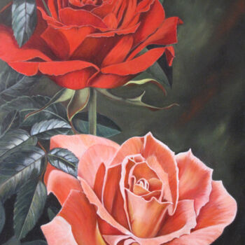 Painting titled "2 rozen" by Ria Strijker, Original Artwork, Oil