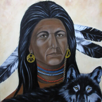 Painting titled "Indiaan/wolf" by Ria Strijker, Original Artwork, Oil